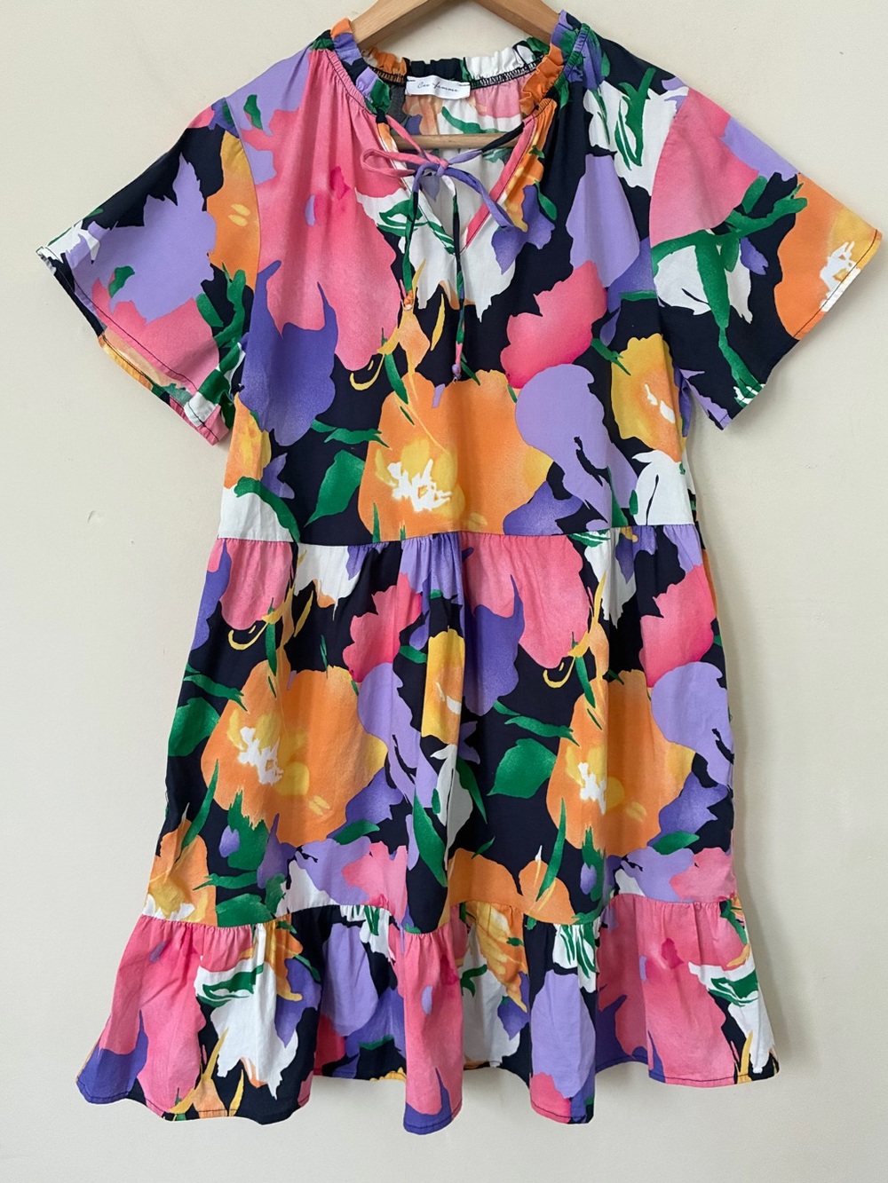Ces Femme Floral Babydoll Dress Multi Color Tiered Mini Pocket Cottagecore Fall